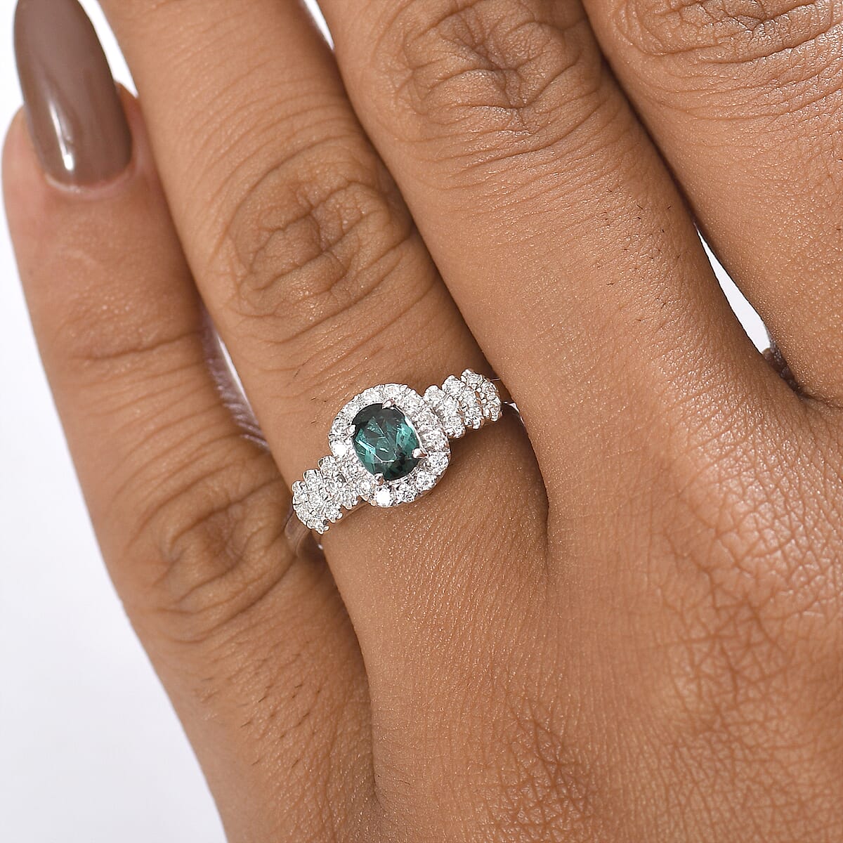 D'Joy Lagoon Tourmaline ,  Moissanite  Main Stone With Side Stone Ring in Rhodium OverSterling Silver 0.99 ctw image number 2