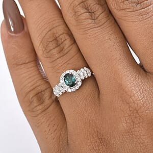 D'Joy Pirineu Lagoon Tourmaline and Moissanite 1.00 ctw Ring in Rhodium Over Sterling Silver (Size 10.0)