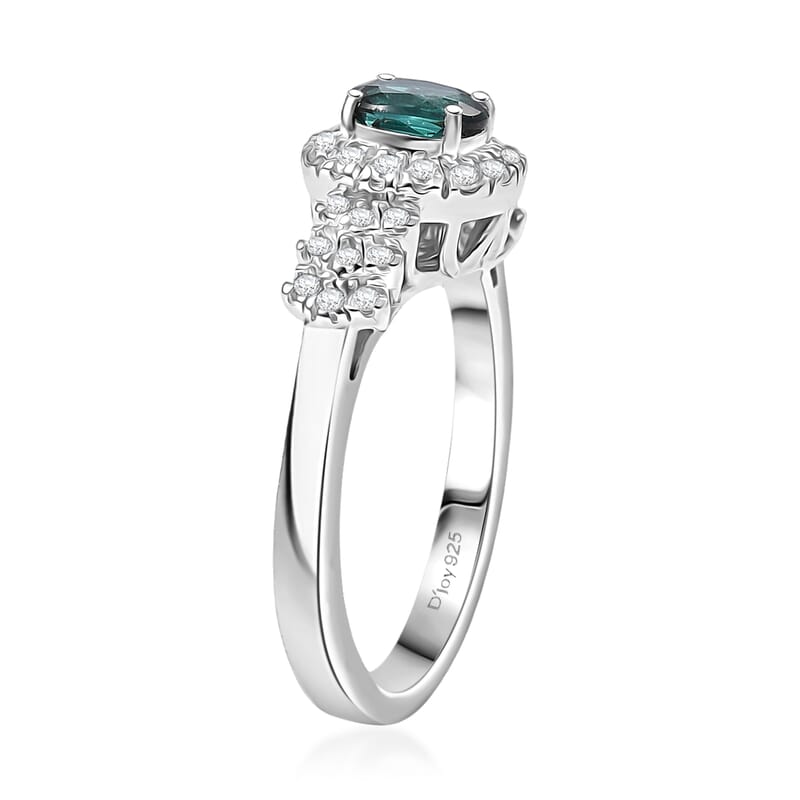 D'Joy Pirineu Lagoon Tourmaline and Moissanite 1.00 ctw Ring in Rhodium Over Sterling Silver (Size 10.0)