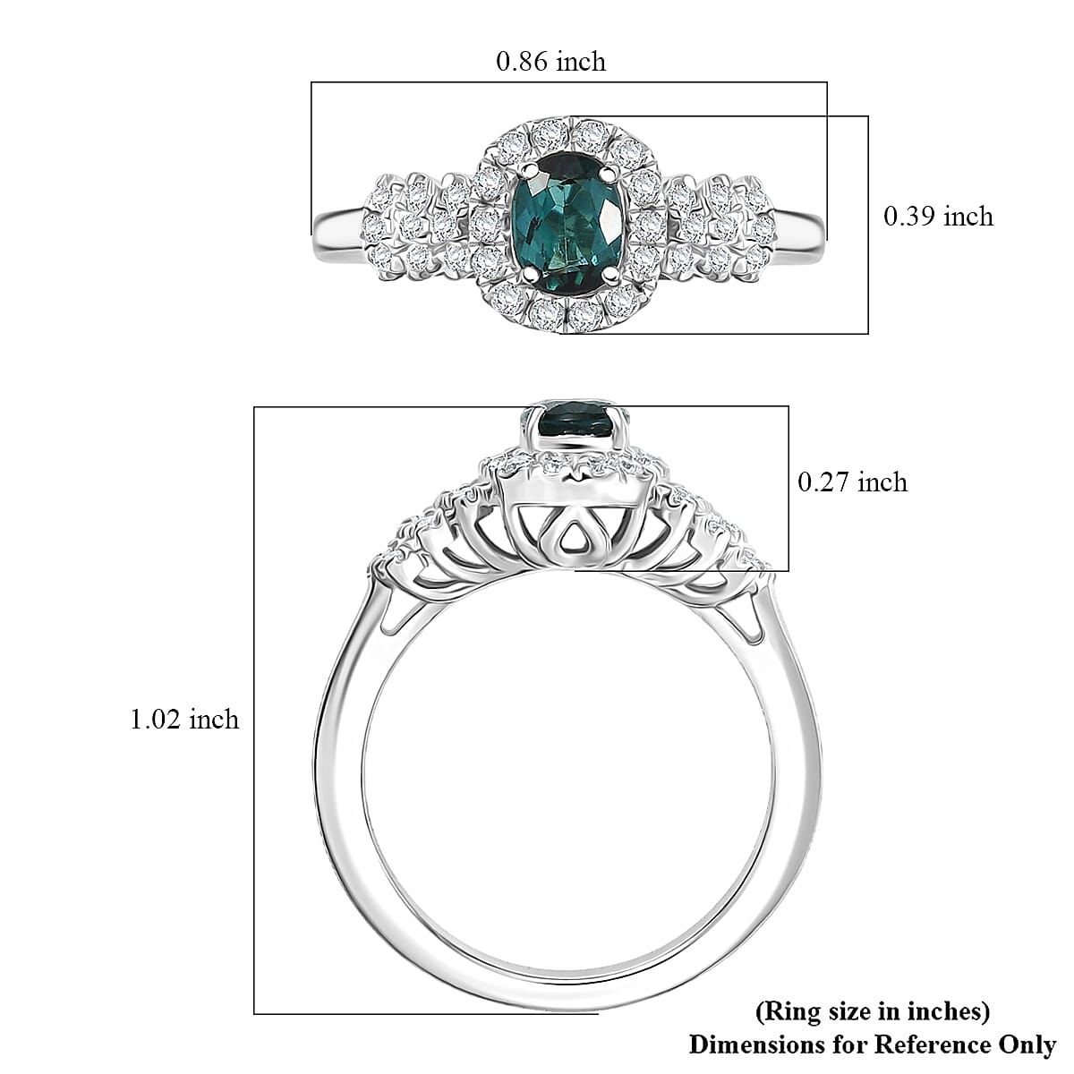 D'Joy Lagoon Tourmaline ,  Moissanite  Main Stone With Side Stone Ring in Rhodium OverSterling Silver 0.99 ctw image number 5