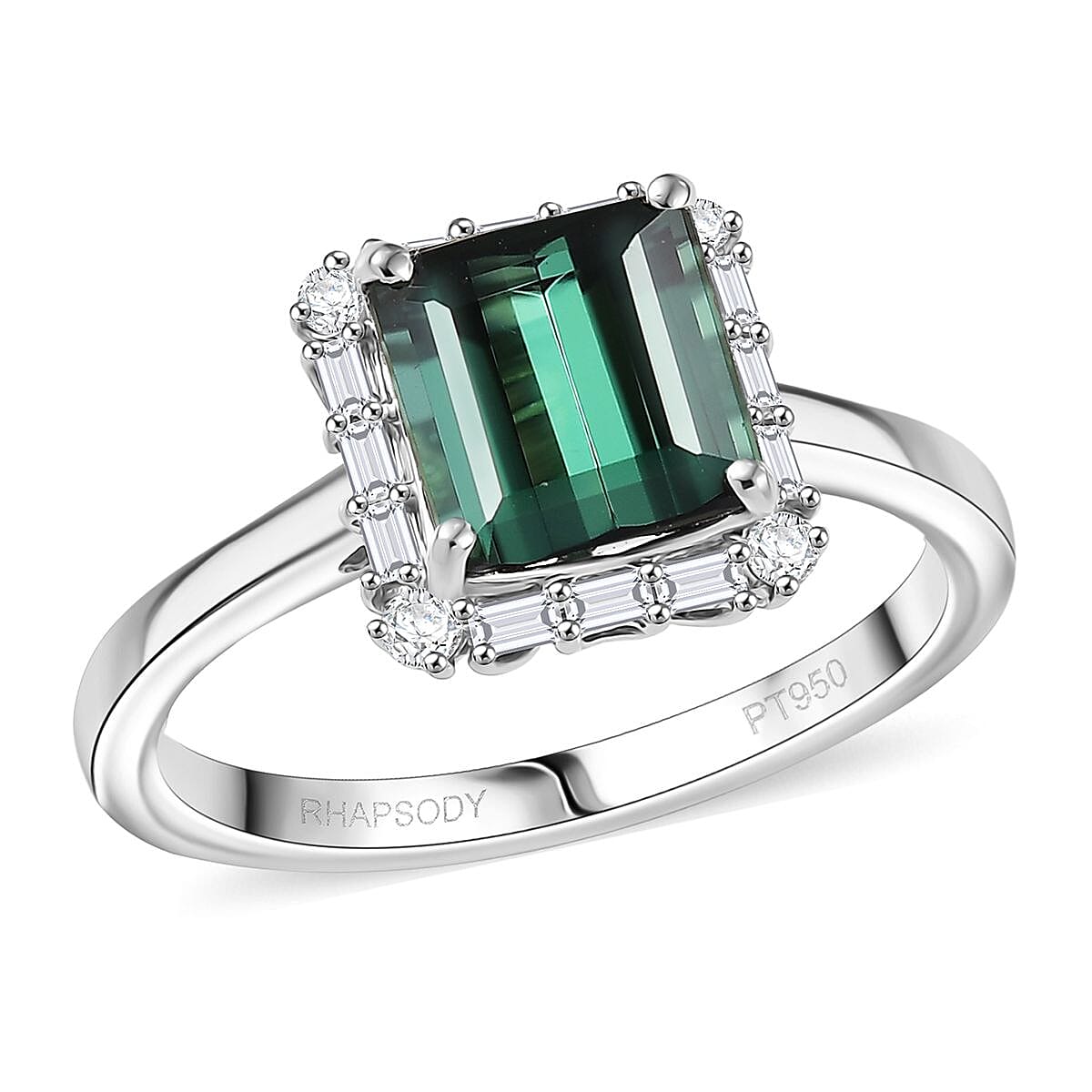 Certified & Appraised Rhapsody AAAA Pirineu Lagoon Tourmaline and E-F VS Diamond 2.37 ctw Ring in 950 Platinum (Size 7.0) image number 0