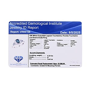 Certified and Appraised Luxoro AAA Pirineu Lagoon Tourmaline, Paraiba Tourmaline and I2 Diamond 1.11 ctw Ring in 10K White Gold (Size 6.0)