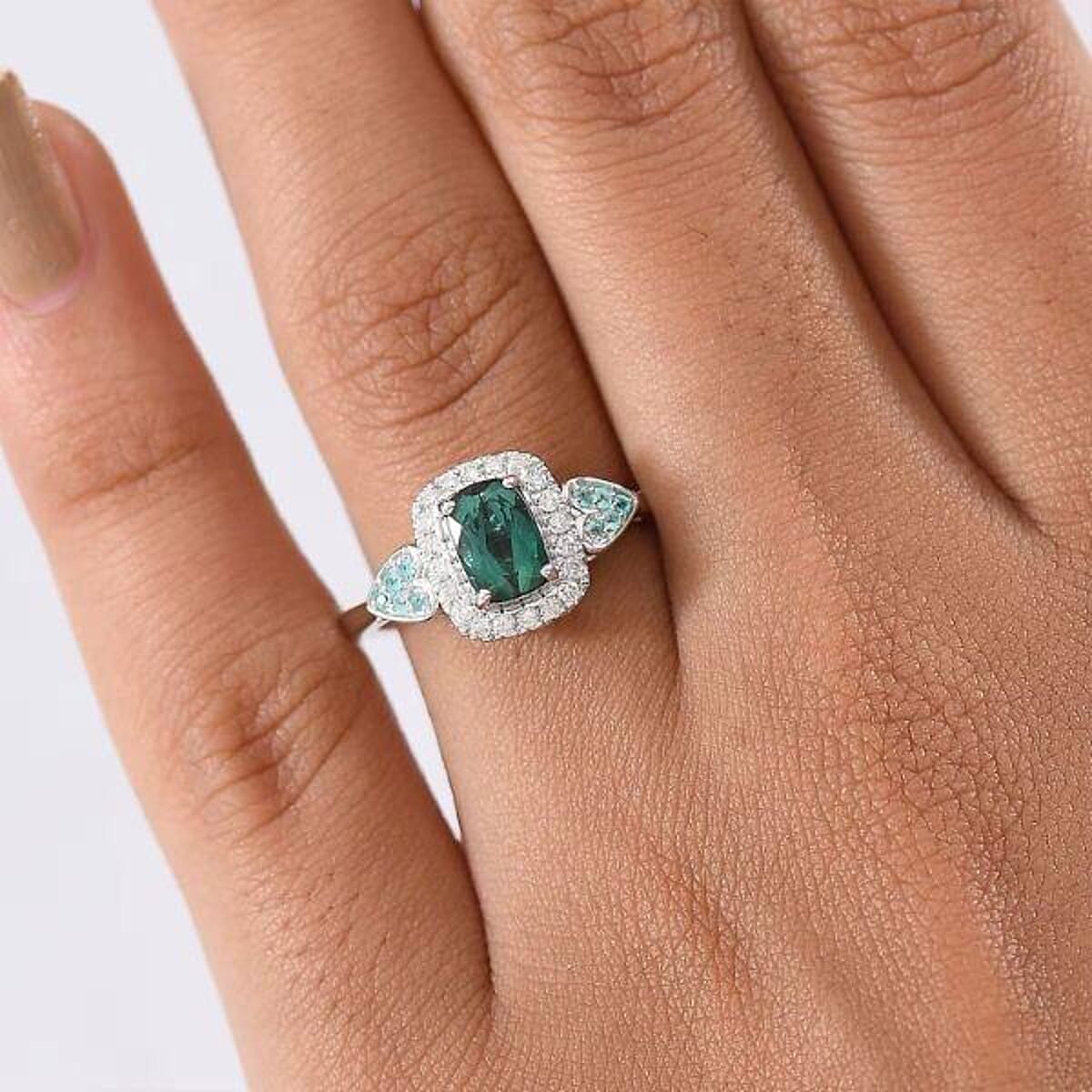 Certified and Appraised Luxoro 10K White Gold AAA Pirineu Lagoon Tourmaline, Paraiba Tourmaline and Diamond (I2) (0.22 cts) Ring (Size 6.5) 1.11 ctw image number 1