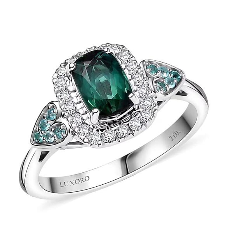 Certified and Appraised Luxoro AAA Pirineu Lagoon Tourmaline, Paraiba Tourmaline and I2 Diamond 1.11 ctw Ring in 10K White Gold (Size 7.0)