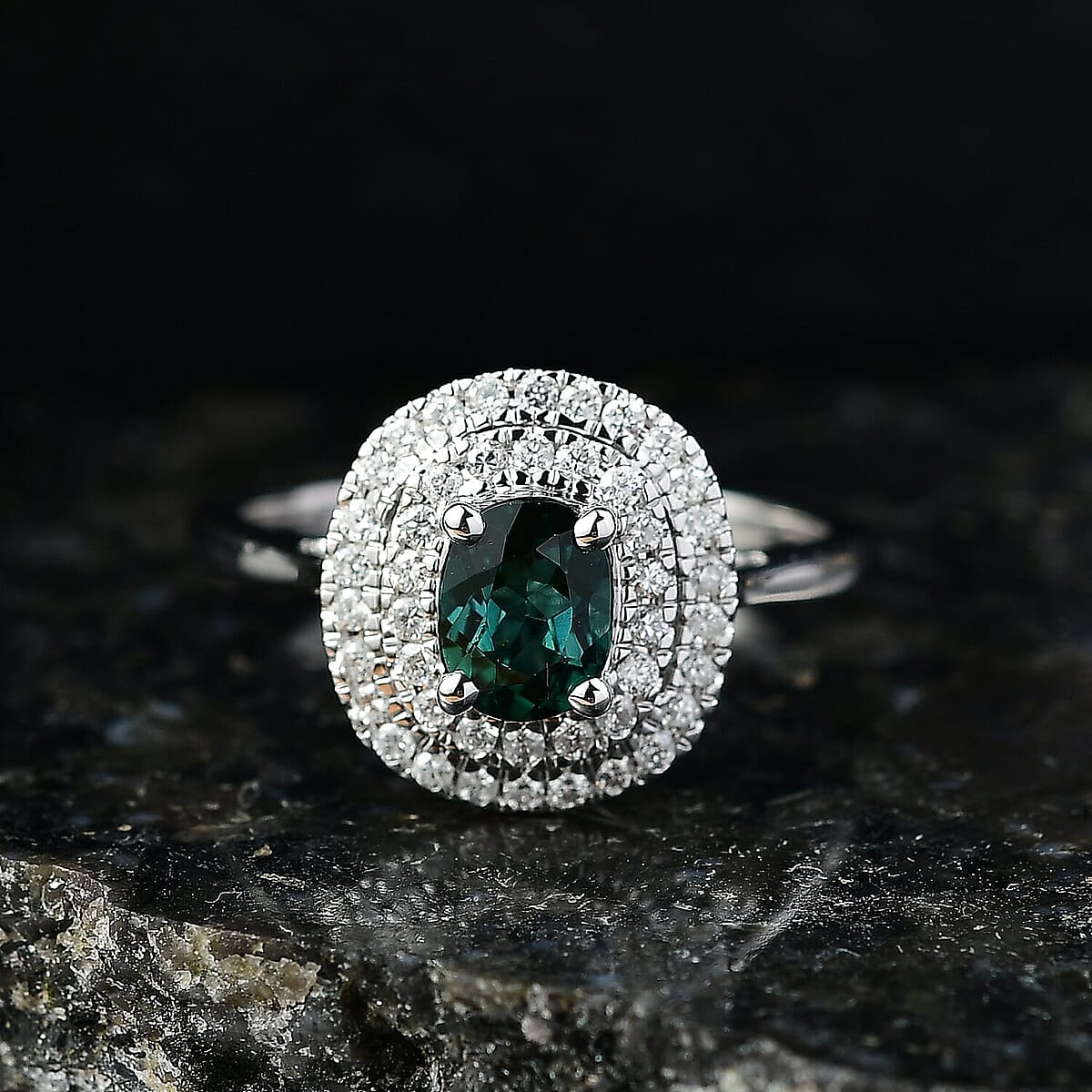 Certified and Appraised Luxoro 10K White Gold AAA Pirineu Lagoon Tourmaline, Diamond (I2) (0.37 cts) Ring (Size 10.0) 1.16 ctw image number 1