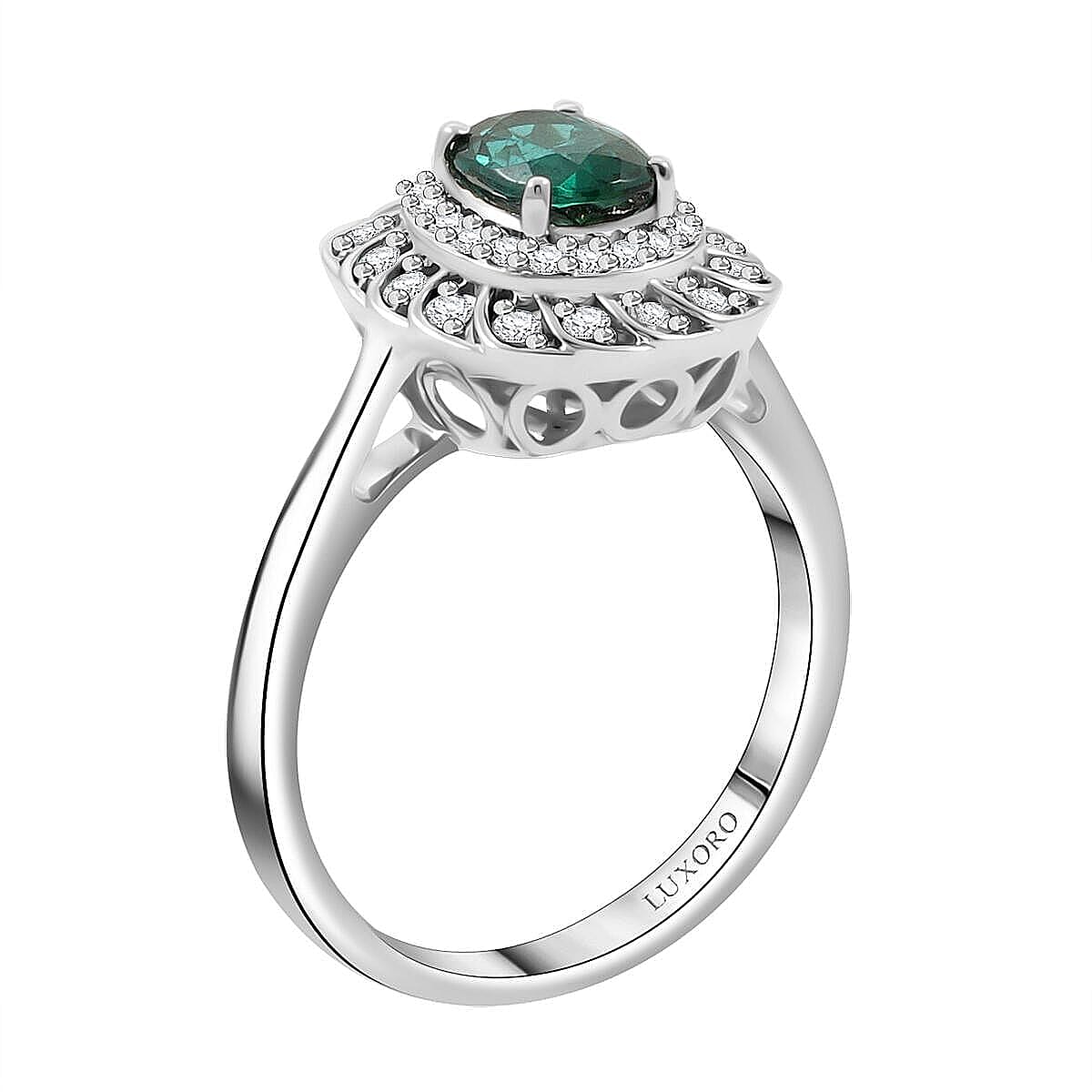 Certified and Appraised Luxoro AAA Pirineu Lagoon Tourmaline and I2 Diamond 1.07 ctw Ring in 10K White Gold (Size 9.0) image number 3