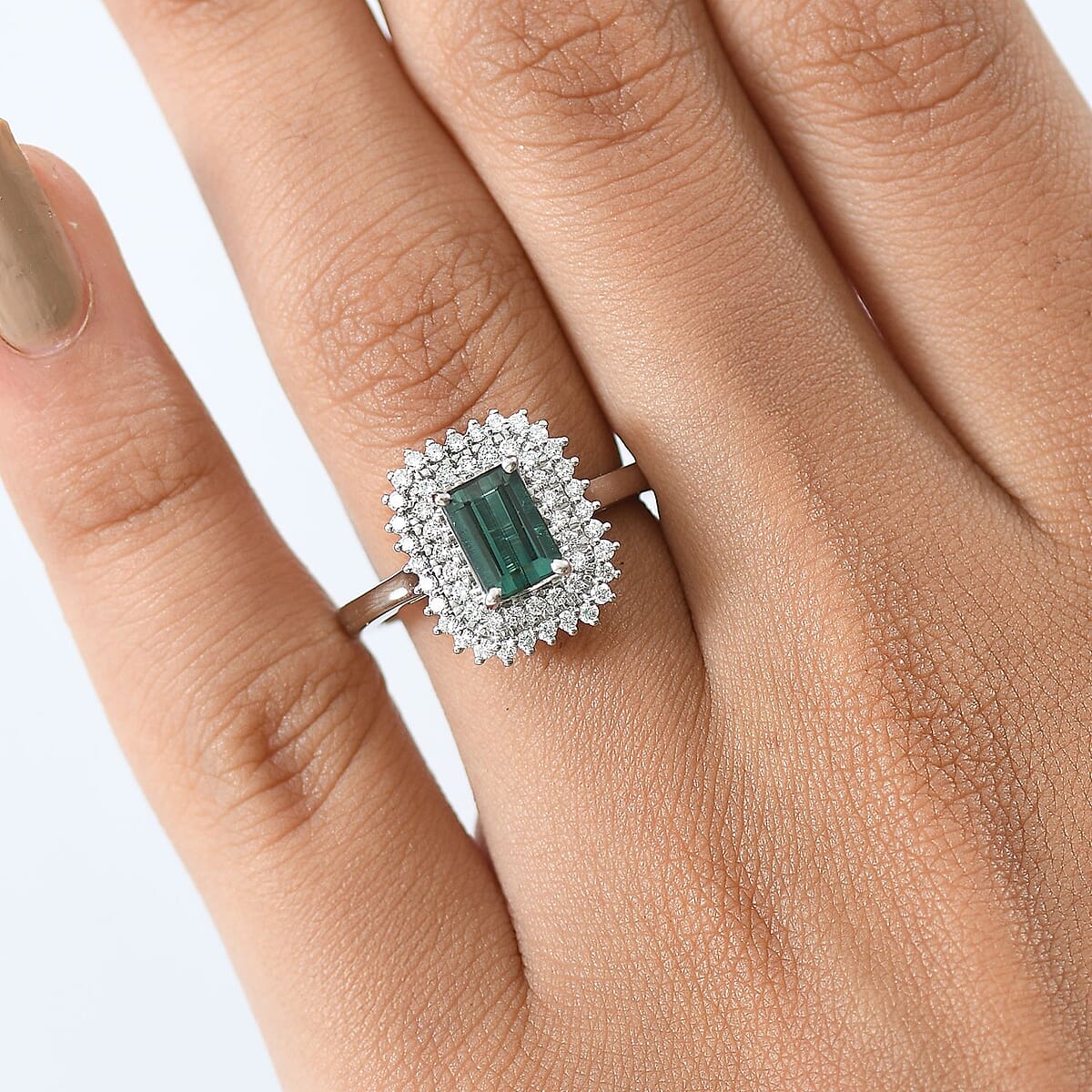 Certified & Appraised Rhapsody AAAA Lagoon Tourmaline and Diamond E-F VS 1.90 ctw Ring in 950 Platinum (Size 10.0) 7.12 Grams image number 2