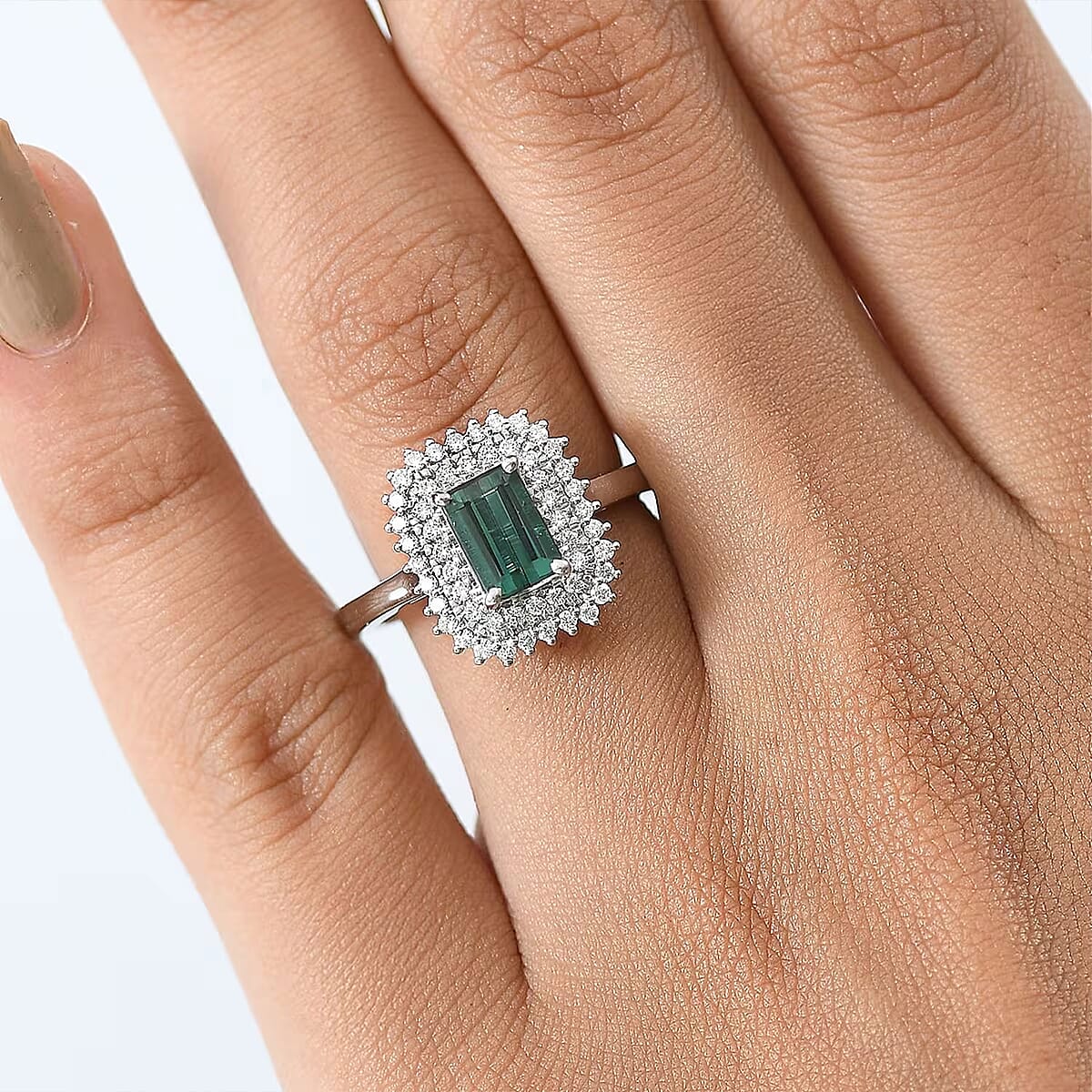 Certified & Appraised Rhapsody AAAA Lagoon Tourmaline and Diamond E-F VS 1.90 ctw Ring in 950 Platinum (Size 5.0) 7.12 Grams image number 1
