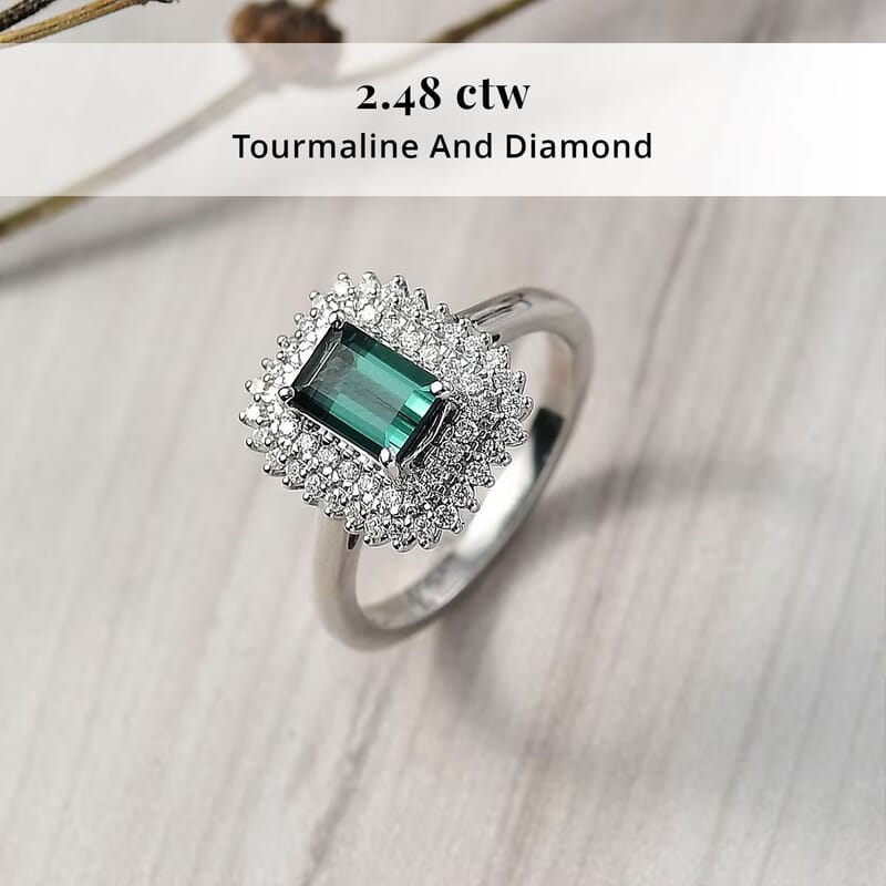 Certified & Appraised Rhapsody AAAA Lagoon Tourmaline and Diamond E-F VS 1.90 ctw Ring in 950 Platinum (Size 9.5) 7.12 Grams