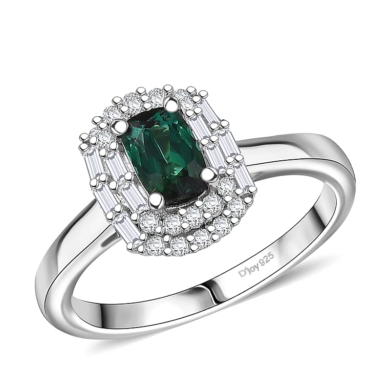 D'Joy Pirineu Lagoon Tourmaline and Moissanite 1.00 ctw Ring in Rhodium Over Sterling Silver (Size 10.0)
