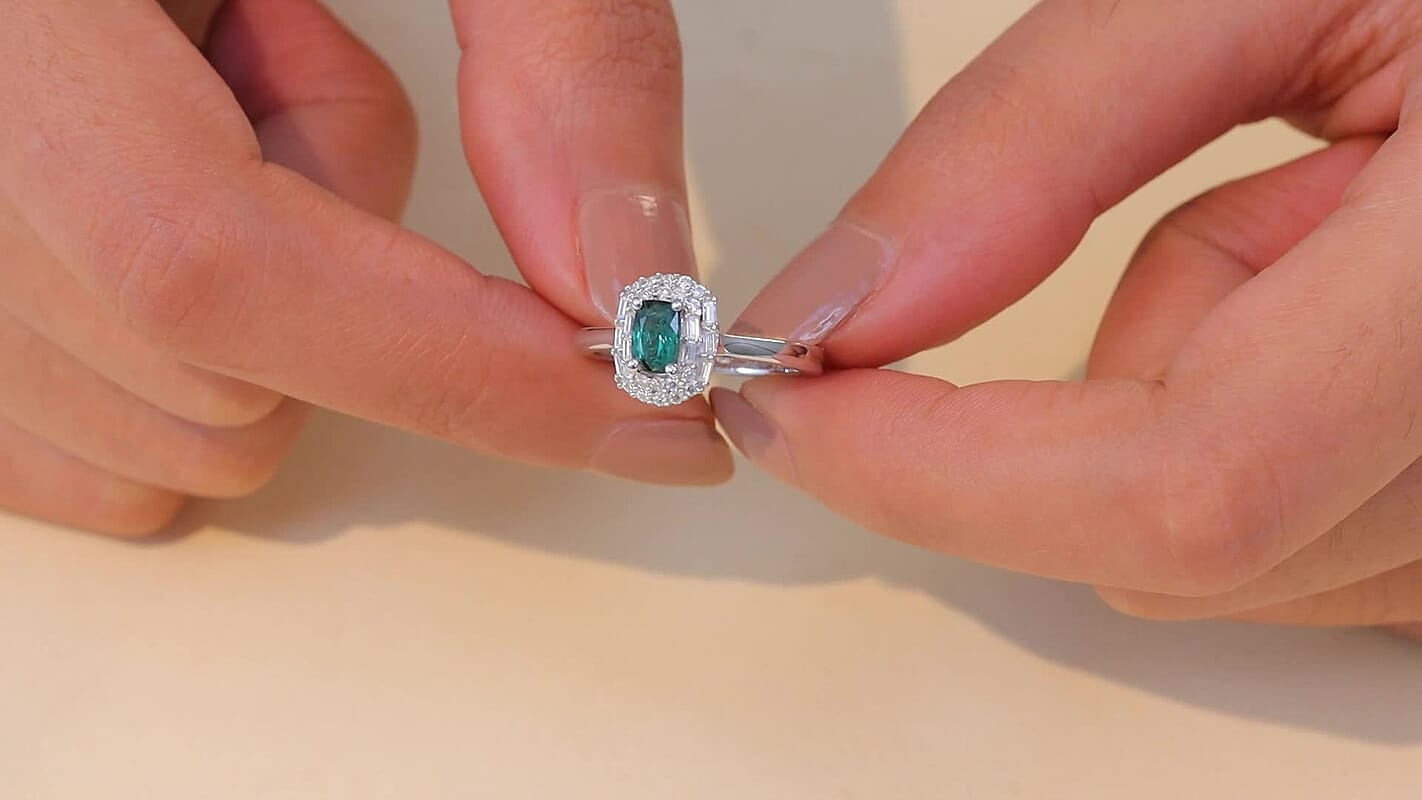 D'Joy Pirineu Lagoon Tourmaline, Moissanite Ring in Rhodium Over Sterling Silver (Size 10.0) 1.04 ctw
