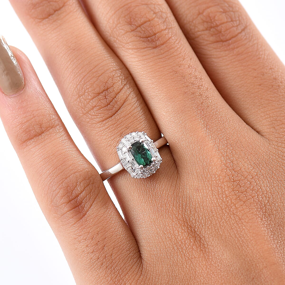 D'Joy Pirineu Lagoon Tourmaline and Moissanite 1.00 ctw Ring in Rhodium Over Sterling Silver (Size 10.0) image number 2