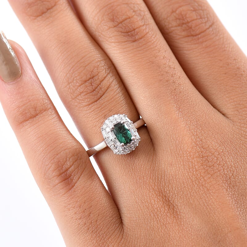 D'Joy Pirineu Lagoon Tourmaline and Moissanite 1.00 ctw Ring in Rhodium Over Sterling Silver (Size 10.0)