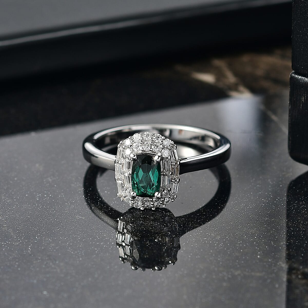 D'Joy Pirineu Lagoon Tourmaline and Moissanite 1.00 ctw Ring in Rhodium Over Sterling Silver (Size 6.0) image number 1