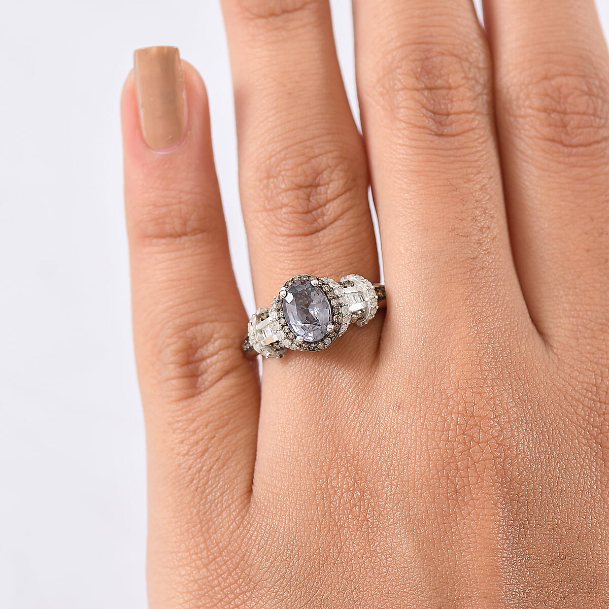 D'Joy Premium Gray Spinel, Natural Champagne and White Diamond Ring in Rhodium Over Sterling Silver (Size 9.0) 1.70 ctw image number 2