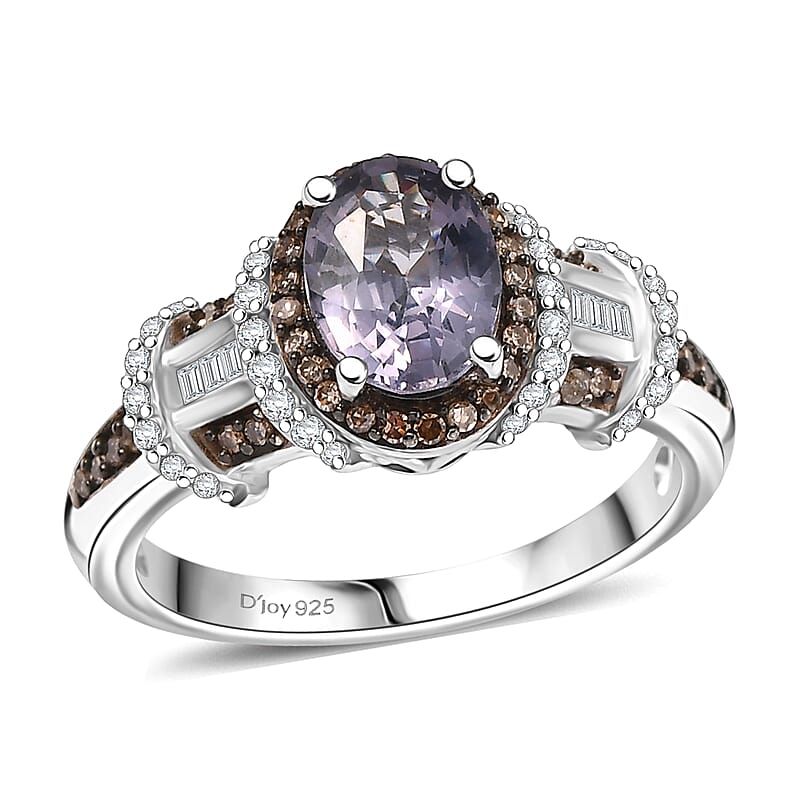 D'Joy Premium Platinum Spinel, Natural Champagne and White Diamond 1.70 ctw Art Deco Ring in Rhodium Over Sterling Silver (Size 7.0)