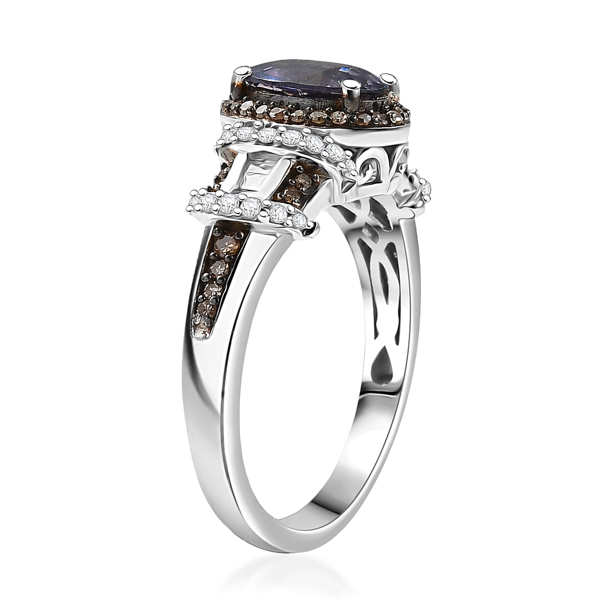 Doorbuster D'Joy Premium Platinum Spinel, Natural Champagne and White Diamond 1.70 ctw Art Deco Ring in Rhodium Over Sterling Silver (Size 7.0) image number 3