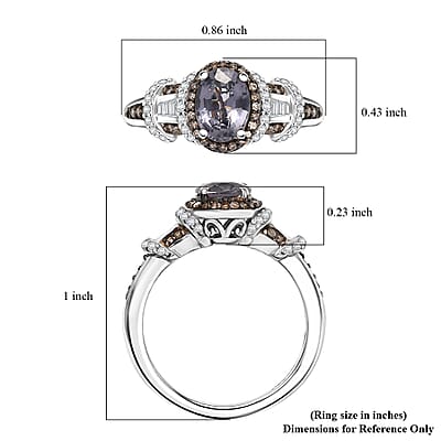 D'Joy Premium Platinum Spinel, Natural Champagne and White Diamond 1.70 ctw Art Deco Ring in Rhodium Over Sterling Silver (Size 7.0)