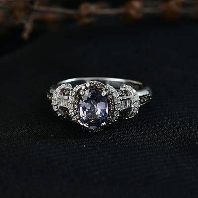 D'Joy Premium Platinum Spinel, Natural Champagne and White Diamond 1.70 ctw Art Deco Ring in Rhodium Over Sterling Silver (Size 8.0)