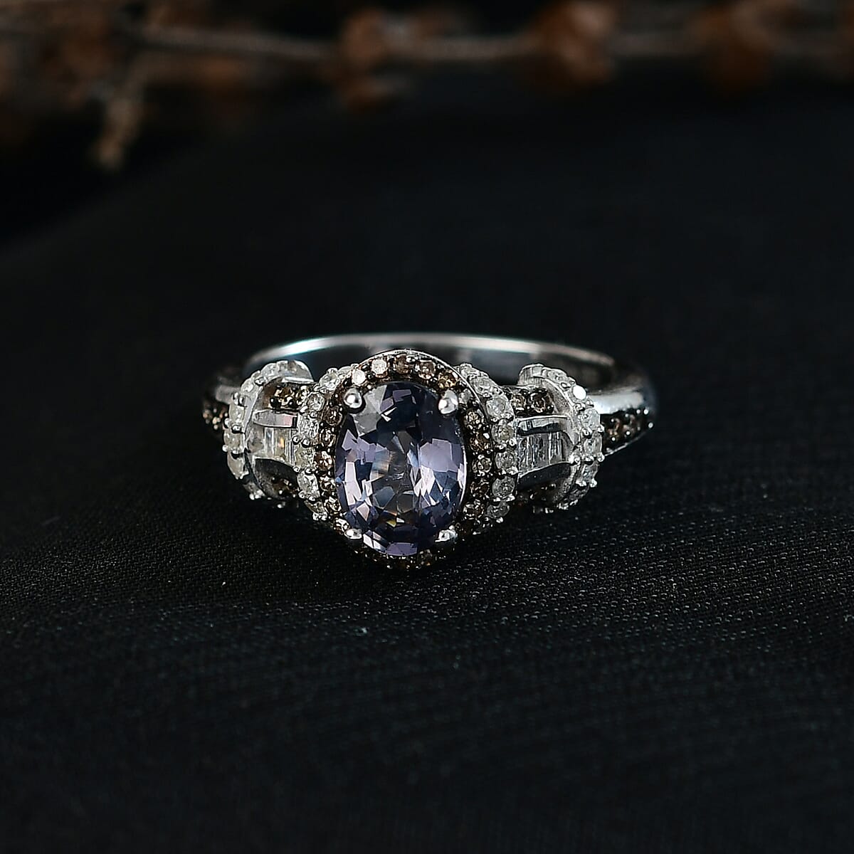 Doorbuster D'Joy Premium Platinum Spinel, Natural Champagne and White Diamond 1.70 ctw Art Deco Ring in Rhodium Over Sterling Silver (Size 9.0) image number 1