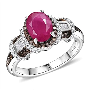 Doorbuster D'Joy Premium Royal Ruby, Natural Champagne and White Diamond 2.25 ctw Art Deco Ring in Rhodium Over Sterling Silver (Size 10.0)