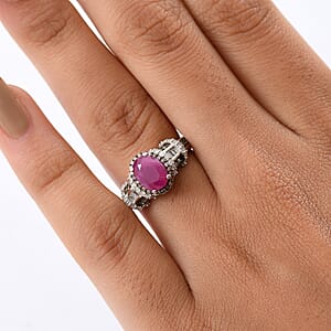  D'Joy Premium Royal Ruby, Natural Champagne and White Diamond 2.25 ctw Art Deco Ring in Rhodium Over Sterling Silver (Size 10.0)