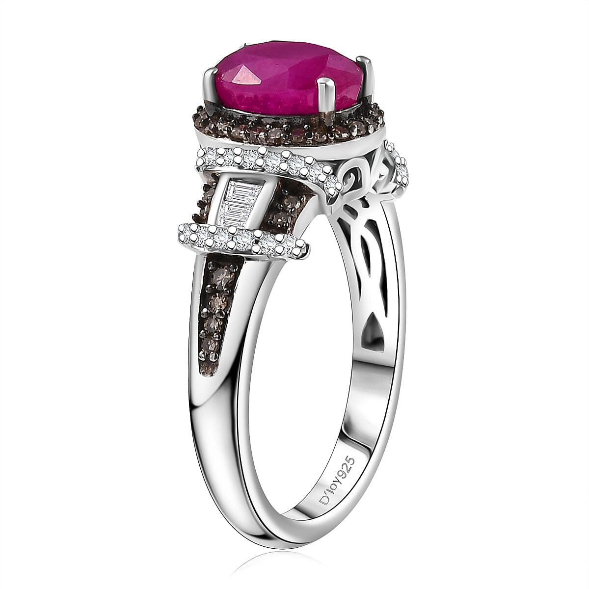 Doorbuster D'Joy Premium Royal Ruby, Natural Champagne and White Diamond 2.25 ctw Art Deco Ring in Rhodium Over Sterling Silver (Size 10.0) image number 3