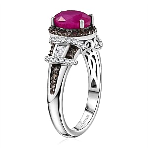  D'Joy Premium Royal Ruby, Natural Champagne and White Diamond 2.25 ctw Art Deco Ring in Rhodium Over Sterling Silver (Size 10.0)