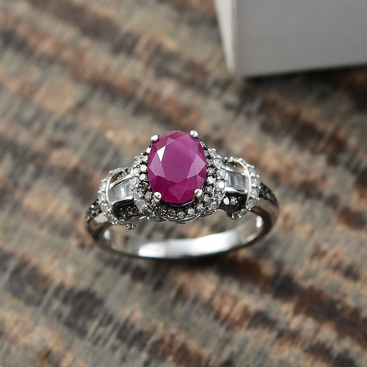 Doorbuster D'Joy Premium Royal Ruby, Natural Champagne and White Diamond 2.25 ctw Art Deco Ring in Rhodium Over Sterling Silver (Size 6.0) image number 1