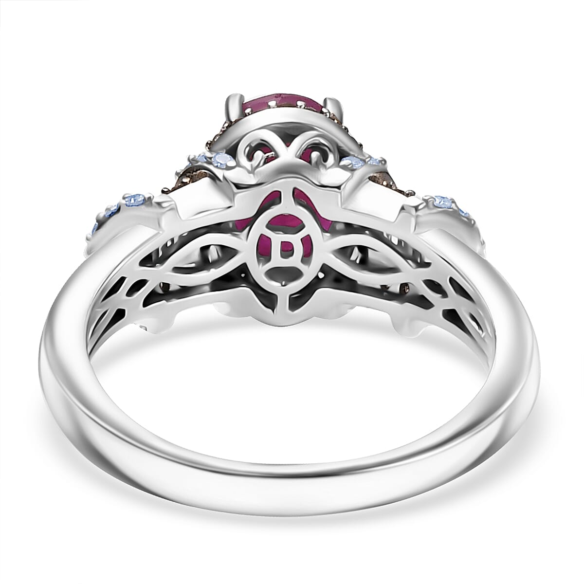 Doorbuster D'Joy Premium Royal Ruby, Natural Champagne and White Diamond 2.25 ctw Art Deco Ring in Rhodium Over Sterling Silver (Size 6.0) image number 4