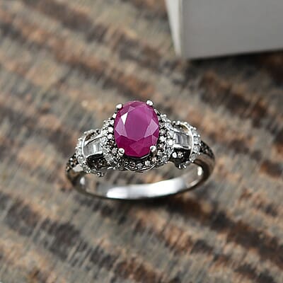 D'Joy Premium Royal Ruby, Natural Champagne and White Diamond 2.25 ctw Art Deco Ring in Rhodium Over Sterling Silver (Size 9.0)