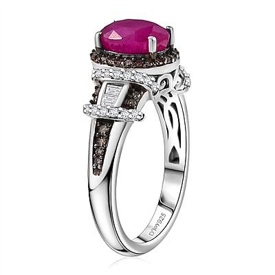 D'Joy Premium Royal Ruby, Natural Champagne and White Diamond 2.25 ctw Art Deco Ring in Rhodium Over Sterling Silver (Size 9.0)