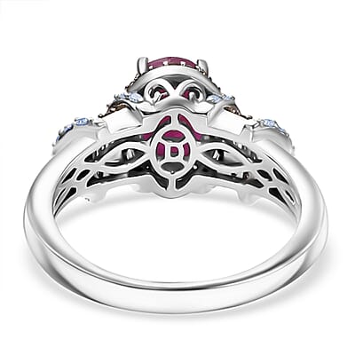 D'Joy Premium Royal Ruby, Natural Champagne and White Diamond 2.25 ctw Art Deco Ring in Rhodium Over Sterling Silver (Size 9.0)