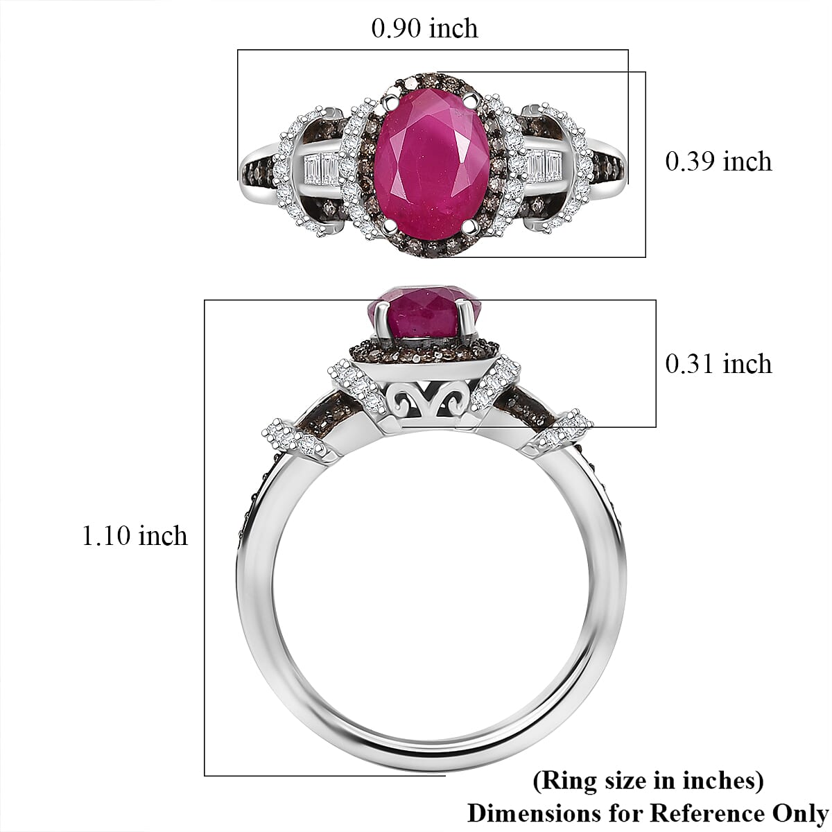 D'Joy Premium Royal Ruby, Natural Champagne and White Diamond 2.25 ctw Art Deco Ring in Rhodium Over Sterling Silver (Size 9.0)