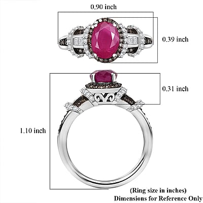 D'Joy Premium Royal Ruby, Natural Champagne and White Diamond 2.25 ctw Art Deco Ring in Rhodium Over Sterling Silver (Size 9.0)