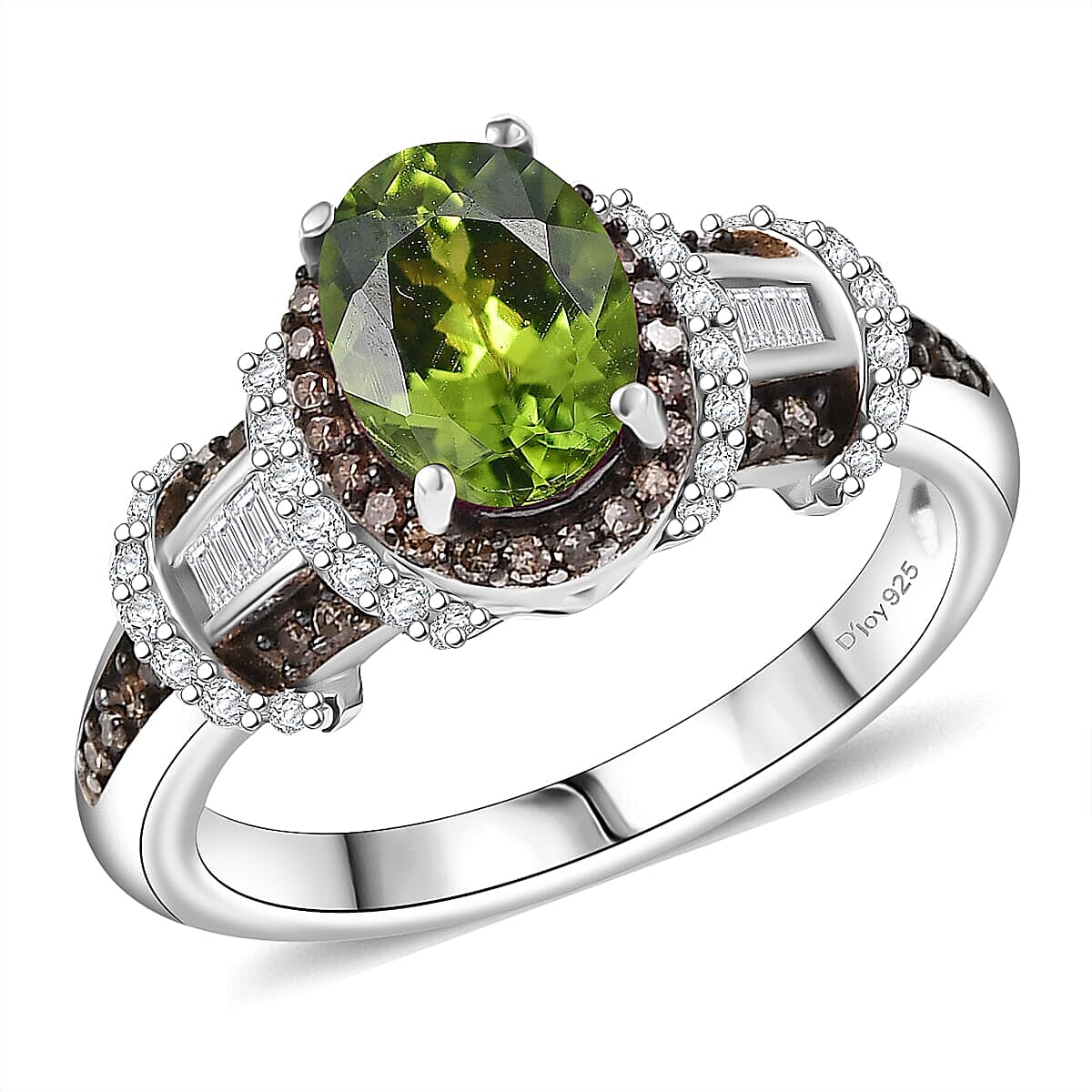 Doorbuster D'Joy Premium Calabar Tourmaline, Natural Champagne and White Diamond 1.70 ctw Art Deco Ring in Rhodium Over Sterling Silver (Size 10.0) image number 0