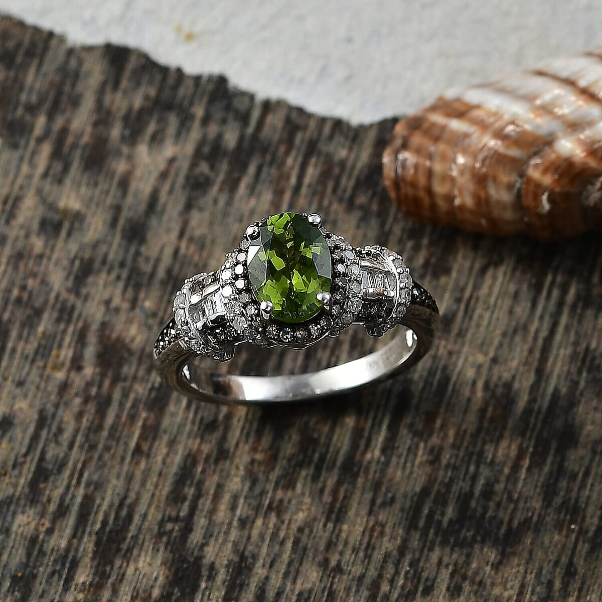 Doorbuster D'Joy Premium Calabar Tourmaline, Natural Champagne and White Diamond 1.70 ctw Art Deco Ring in Rhodium Over Sterling Silver (Size 10.0) image number 1