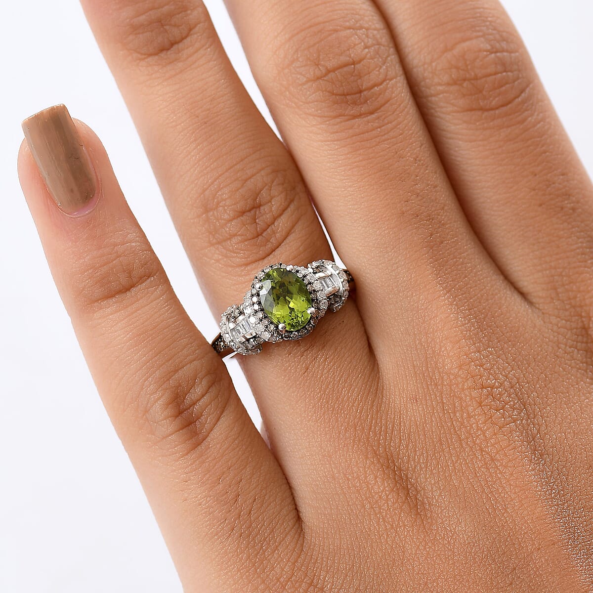 Doorbuster D'Joy Premium Calabar Tourmaline, Natural Champagne and White Diamond 1.70 ctw Art Deco Ring in Rhodium Over Sterling Silver (Size 10.0) image number 2