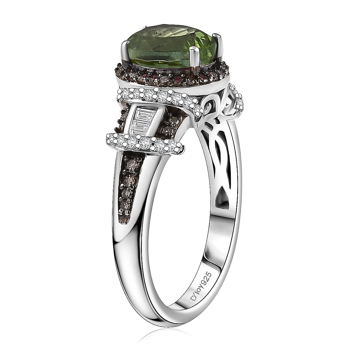 Doorbuster D'Joy Premium Calabar Tourmaline, Natural Champagne and White Diamond 1.70 ctw Art Deco Ring in Rhodium Over Sterling Silver (Size 10.0) image number 3