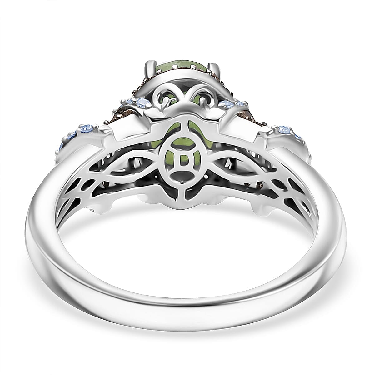 Doorbuster D'Joy Premium Calabar Tourmaline, Natural Champagne and White Diamond 1.70 ctw Art Deco Ring in Rhodium Over Sterling Silver (Size 10.0) image number 4