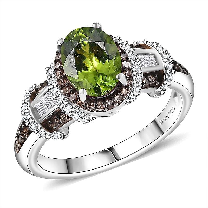 D'Joy Premium Calabar Tourmaline, Natural Champagne and White Diamond 1.70 ctw Art Deco Ring in Rhodium Over Sterling Silver (Size 6.0)
