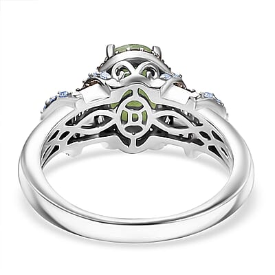 D'Joy Premium Calabar Tourmaline, Natural Champagne and White Diamond 1.70 ctw Art Deco Ring in Rhodium Over Sterling Silver (Size 6.0)