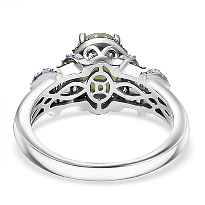 D'Joy Premium Calabar Tourmaline, Natural Champagne and White Diamond 1.70 ctw Art Deco Ring in Rhodium Over Sterling Silver (Size 7.0)