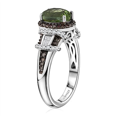 D'Joy Premium Calabar Tourmaline, Natural Champagne and White Diamond 1.70 ctw Art Deco Ring in Rhodium Over Sterling Silver (Size 8.0)