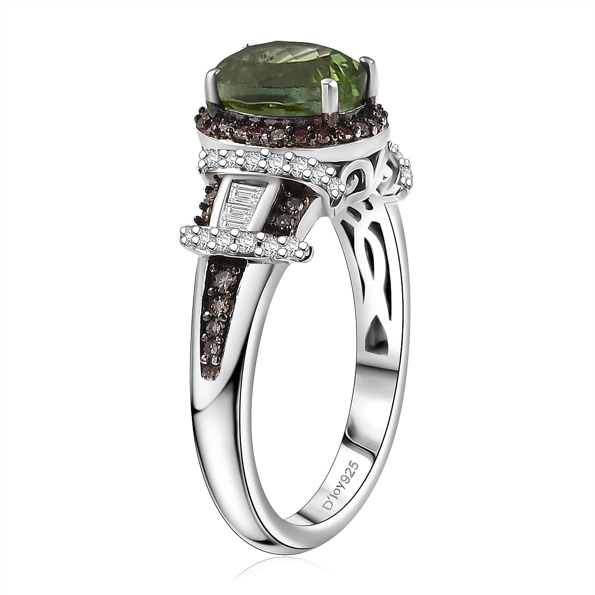 Doorbuster D'Joy Premium Calabar Tourmaline, Natural Champagne and White Diamond 1.70 ctw Art Deco Ring in Rhodium Over Sterling Silver (Size 9.0) image number 3