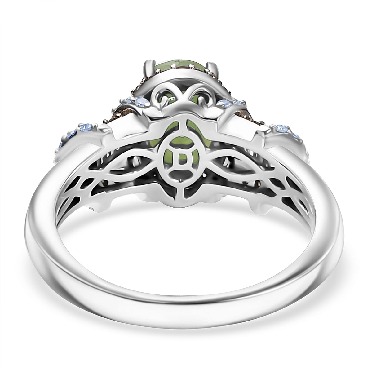 Doorbuster D'Joy Premium Calabar Tourmaline, Natural Champagne and White Diamond 1.70 ctw Art Deco Ring in Rhodium Over Sterling Silver (Size 9.0) image number 4