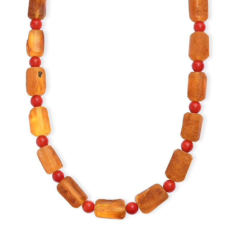 Baltic Amber and Coral Necklace in Platinum Bond 20 Inches