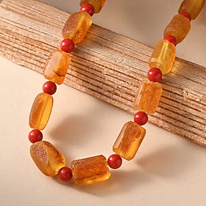 Baltic Amber and Coral Necklace in Platinum Bond 20 Inches