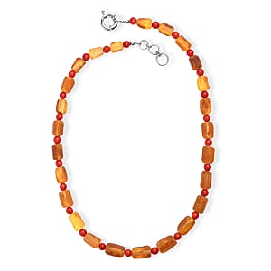 Baltic Amber and Coral Necklace in Platinum Bond 20 Inches