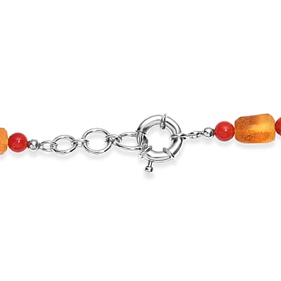 Baltic Amber and Coral Necklace in Platinum Bond 20 Inches